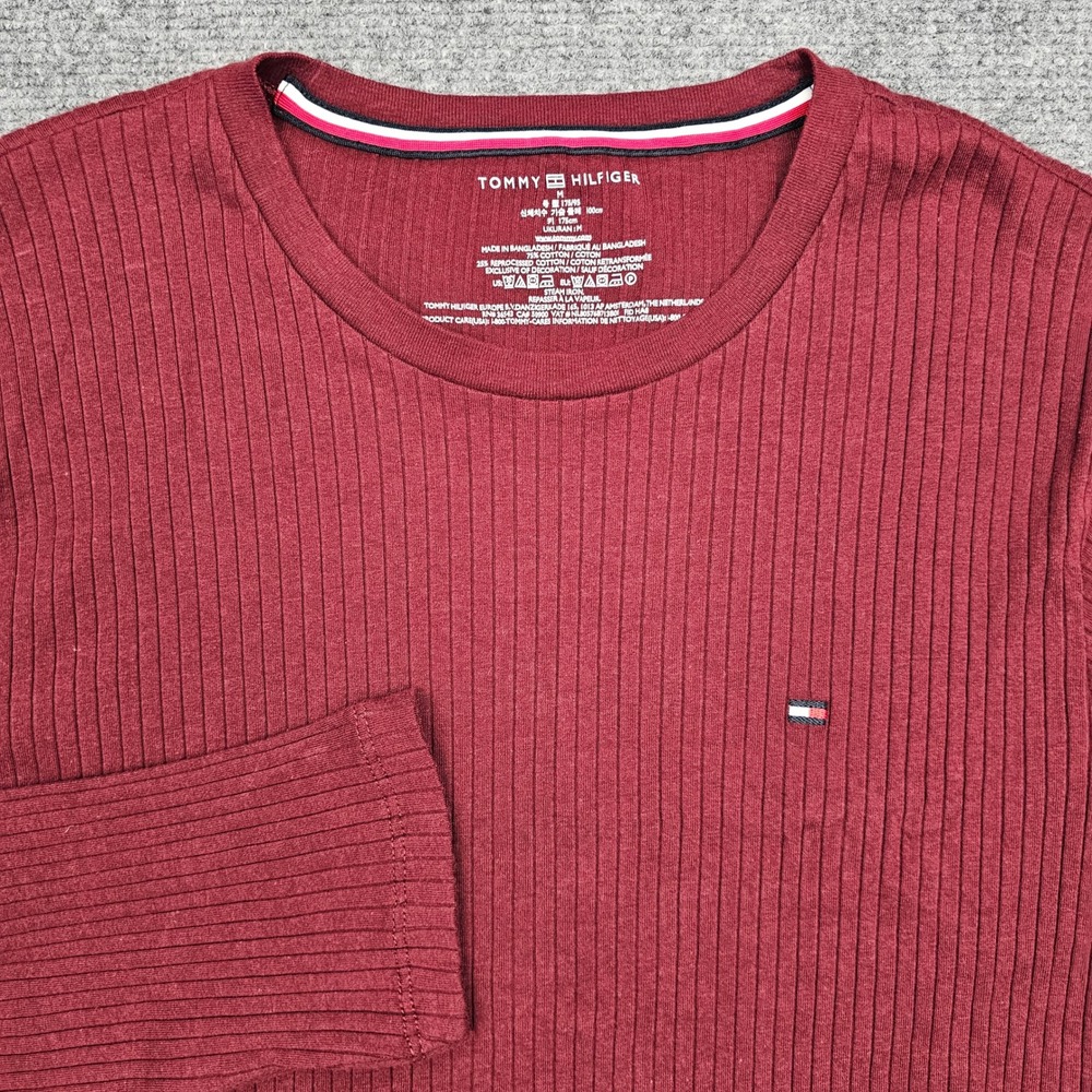 Tommy‎ Hilfiger Ribbed Tee Mens Long Sleeve Crewneck Port Red Burgundy M